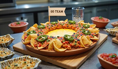 Festive nacho platter with cheese dip, jalapenos, and 'go team' flag