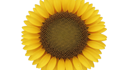 Close up of a bright yellow sunflower with detailed brown center against a transparent background captured in natural daylight showing intricate petal patterns and tiny water droplets