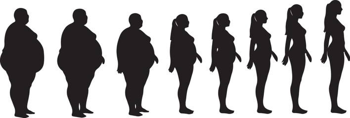 Silhouettes of human body types showing weight loss progression