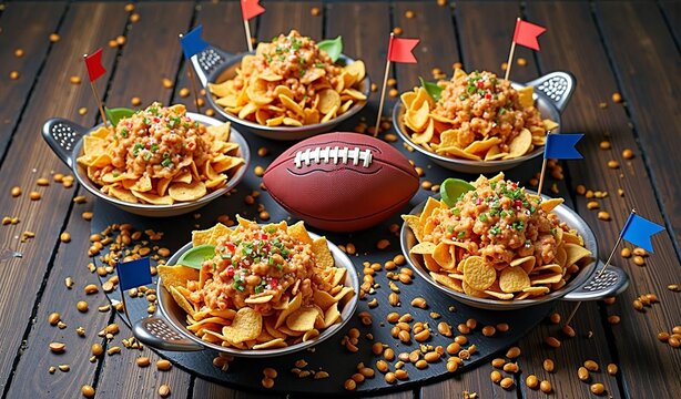 Festive game day nachos display with mini football and colorful flags