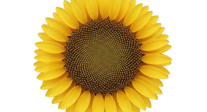 Close up of a bright yellow sunflower with detailed brown center against a transparent background captured in natural daylight showing intricate petal patterns and tiny water droplets