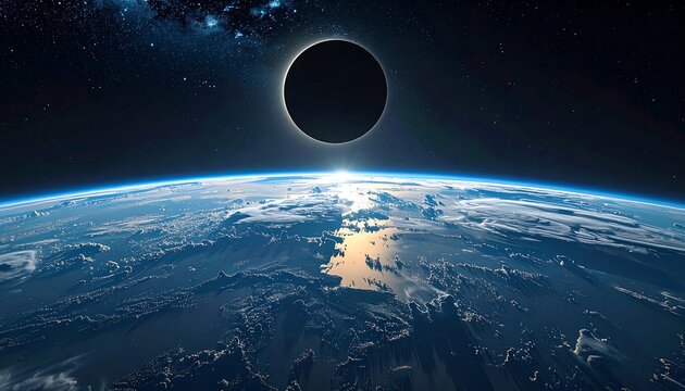Earth viewed from space during a solar eclipse, revealing the curved horizon and the dark disc of the moon