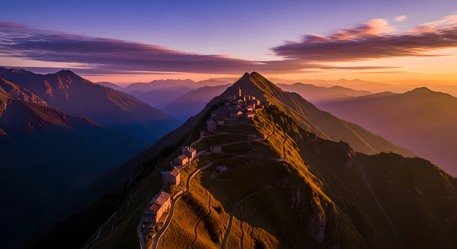 Panoramic Mountain Village Sunset Alpine Landscape Copy Space - Powered by Adobe