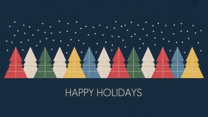 Festive row of colorful, geometric Christmas trees under falling snow with "Happy Holidays" text.