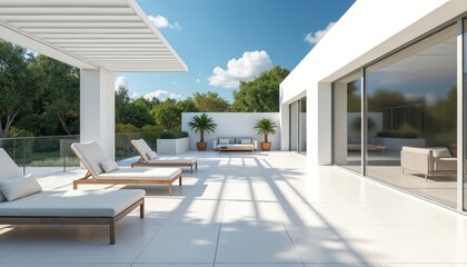 Obraz premium Modern minimalist white patio with loungers and sofa set. Large glass windows reflect green trees and blue sky. Outdoor terrace area has pergolas casting shadows.