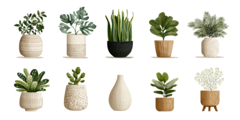 Set of Potted Houseplants on Transparent Background