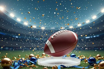 American football close-up on stadium field with confetti and cheer