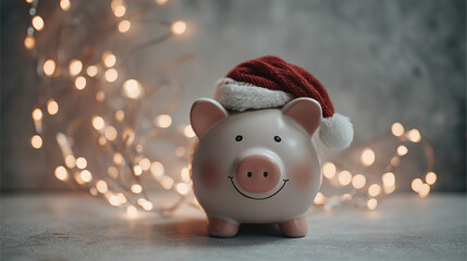 Cute piggy bank wearing a Christmas hat surrounded by festive lights during the holiday season