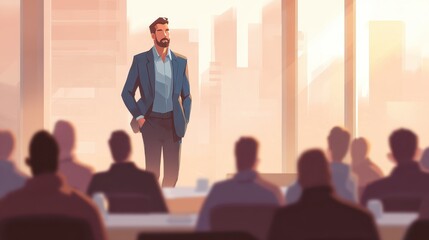 Confident Businessman Giving Presentation to Audience in Bright Modern Office.
