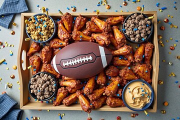 Appetizing football-themed snack platter with wings and dips for game day party