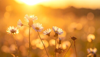 White daisies glow in sunset's golden light, bokeh background. Soft, warm and dreamy