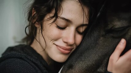 Young woman embracing a horse with a gentle and emotional expression, showcasing a tender bond and companionship.