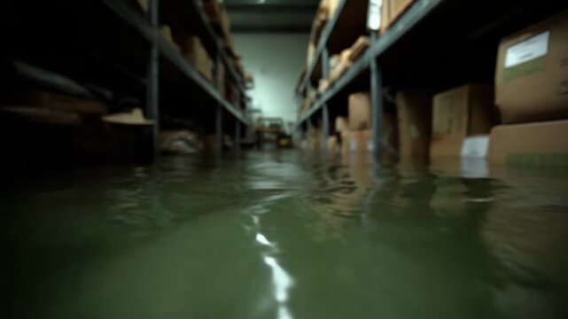 Flooded Warehouse Interior with Rows of Shelves and Boxes Reflecting Murky Water and Disrupting Stored Goods Creating a Scene of Disaster and Damage