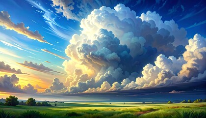 A bright sunny day with a fluffy, oversized cloudscape over a green field. A sunny sunset in background