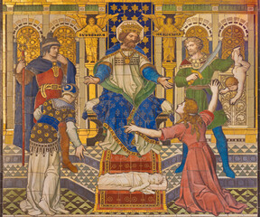 London - The tyled mosaic of Salomon Judgment (Just Judgment) in Westminster cathedral designed by Clayton and Bell (1912).