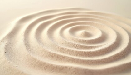 Naklejka premium Concentric sand circles create calm wave patterns. Light beige and cream tones form a smooth zen garden texture. This abstract background suggests relaxation and minimalist design.
