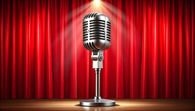 Retro microphone stands center stage before red drapes, illuminated by a single spotlight creating dramatic shadows