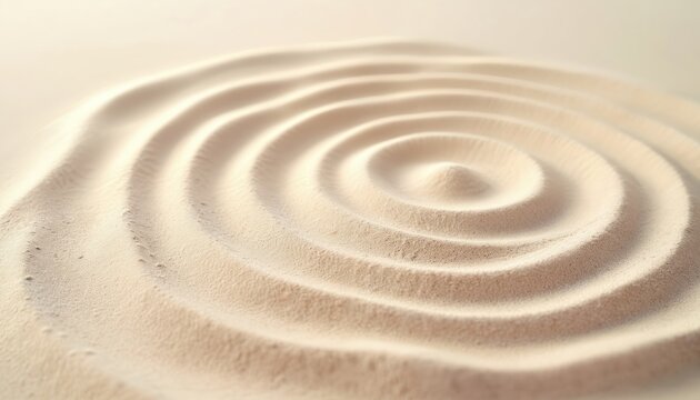 Concentric sand circles create calm wave patterns. Light beige and cream tones form a smooth zen garden texture. This abstract background suggests relaxation and minimalist design.