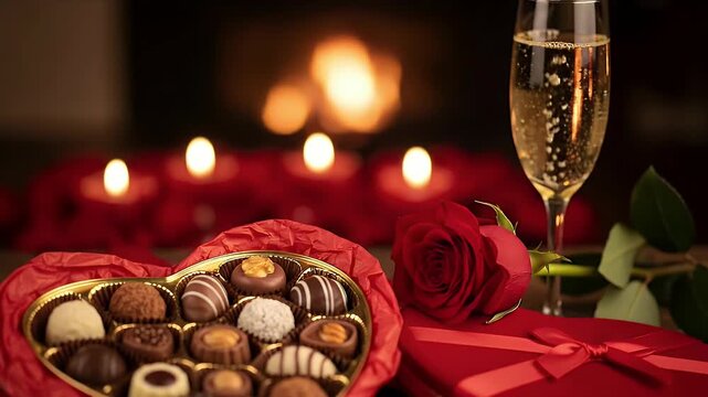 This beautifully arranged video captures a luxurious and intimate setting, perfect for celebrating love and special moments. A heart-shaped box, brimming with an assortment of delectable gourmet choco