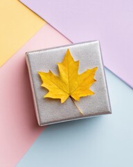 Autumn Gift Box With Yellow Maple Leaf On Pastel Background