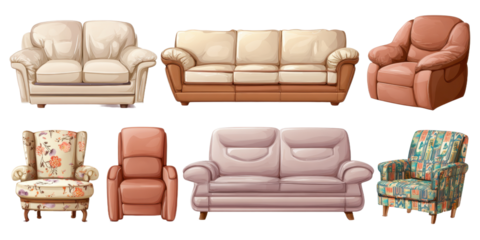 Collection of different sofas and armchairs on transparent background