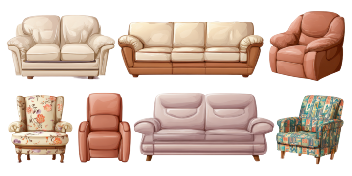 Collection of different sofas and armchairs on transparent background