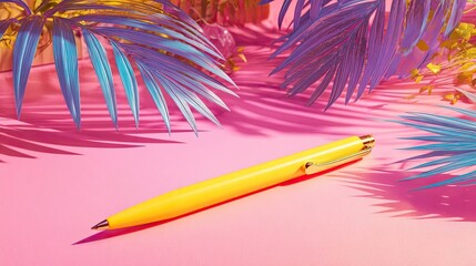 Bright Yellow Pen On Pink Background With Tropical Leaves
