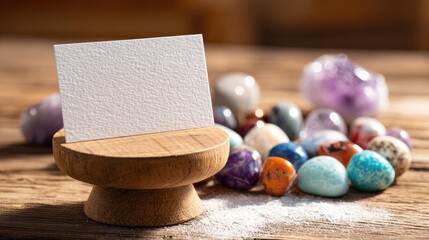 Blank Card Displayed On Wooden Stand With Crystals