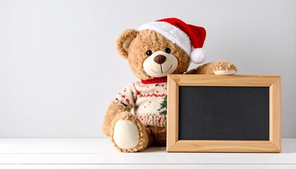 Teddy bear in Santa hat holding blank blackboard on white surface