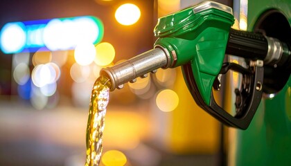 Green fuel nozzle dispensing gasoline with blurred night lights