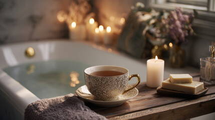 Relaxing tea time in a cozy bath