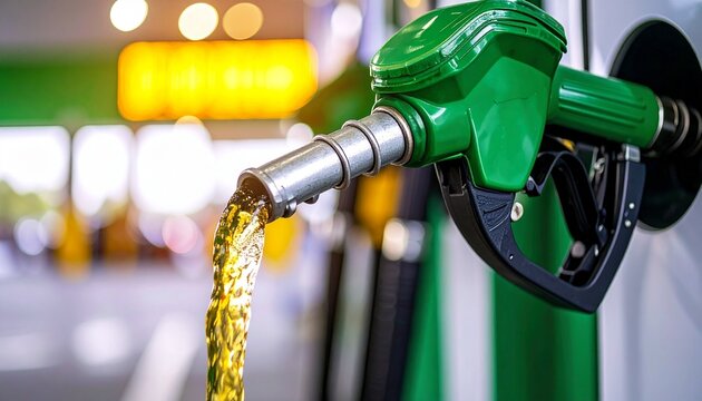 Green fuel nozzle dispensing gasoline with blurred night lights