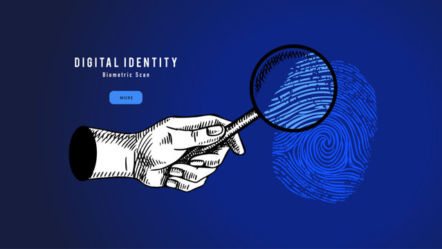 Collage of sketch hand, magnifying glass and fingerprint. Cybersecurity, fintech, banking, cloud services, border control, law legal services, detective concept. Hand drawn vector illustration.