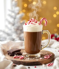 Holiday Coffee Scene with Chocolate, Coffee Beans, and Christmas Decorations 