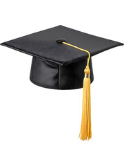 Black graduation cap with tassel isolated on transparent background, perfect for education and celebration designs.