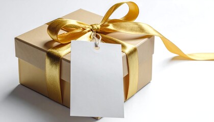 Tan gift box tied with a gold ribbon and a blank white tag, casting a soft shadow on a white surface