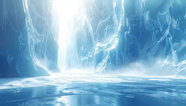 Icy cavern scene, light streams down, reflecting off the smooth, frozen landscape. Atmospheric, ethereal