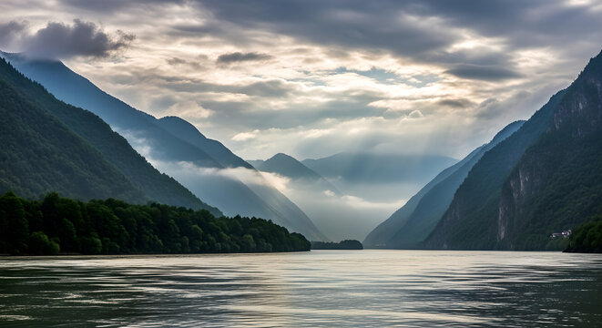 Majestic Mountains Lake Fog Sun Rays Landscape Copy Space
