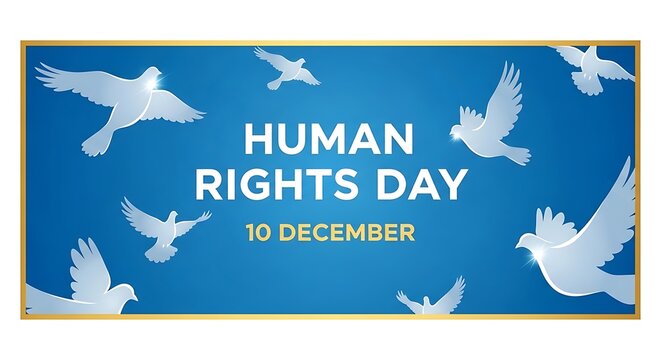 Human rights day banner with white doves flying on a blue background for the celebration december tenth