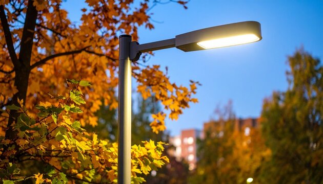 Street lamp glowing at dusk with autumn trees and house - Powered by Adobe