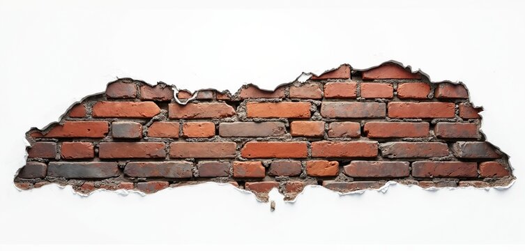 Damaged old red brick wall section exposed. Bricks show cracks, varied colors, crumbling mortar. White plaster paint layer broken, revealing aged structural material. Photo shows building decay, - Powered by Adobe