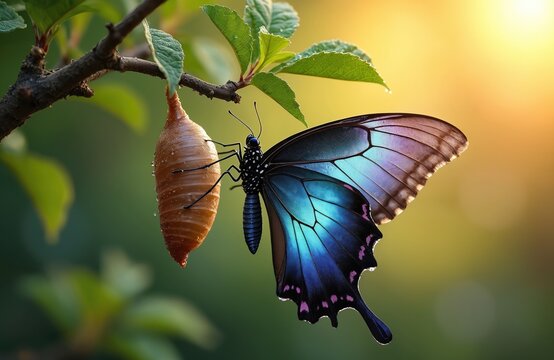 New butterfly emerges from chrysalis shell hanging on plant branch. Colorful insect opens vibrant wings, ready for flight in morning sunlight. Change, metamorphosis, new beginnings, life cycle.