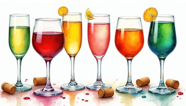 Six varied glasses hold colorful beverages. Orange slices garnish two glasses. Wine corks lay on table surface with liquid drops scattered around. This watercolor illustration.