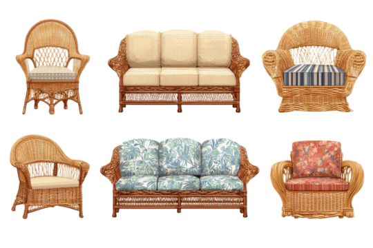 Set of Wicker Sofas and Armchairs with Fabric Cushions on Grey Backdrop