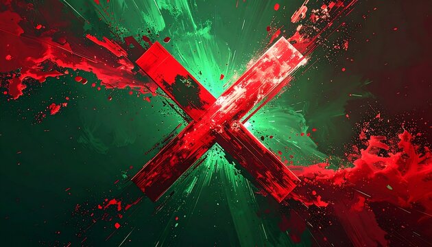 Vivid abstract artwork featuring a prominent red X shape amidst a burst of green and red splattered paint effects