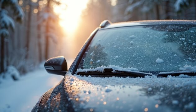 Car windshield covered in snow and frost sits in winter forest. Soft morning sunlight shines through snow laden trees creating bokeh effect.