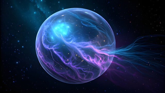 Mysterious glowing orb with cosmic energy trails