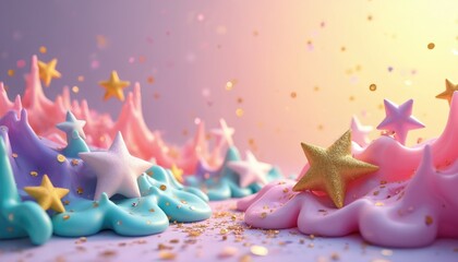 Soft pastel liquid flows, forming gentle waves with shining stars. Gold, white star shapes, tiny confetti scattered. Radiant gradient background. Whimsical art creates dreamy, sweet, magical scene,