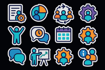 Colorful icon set for teamwork, productivity, and communication concepts