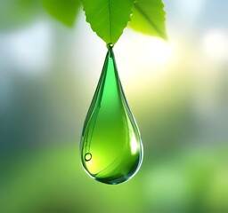 Green biofuel droplet suspended mid air with soft bokeh leaf background